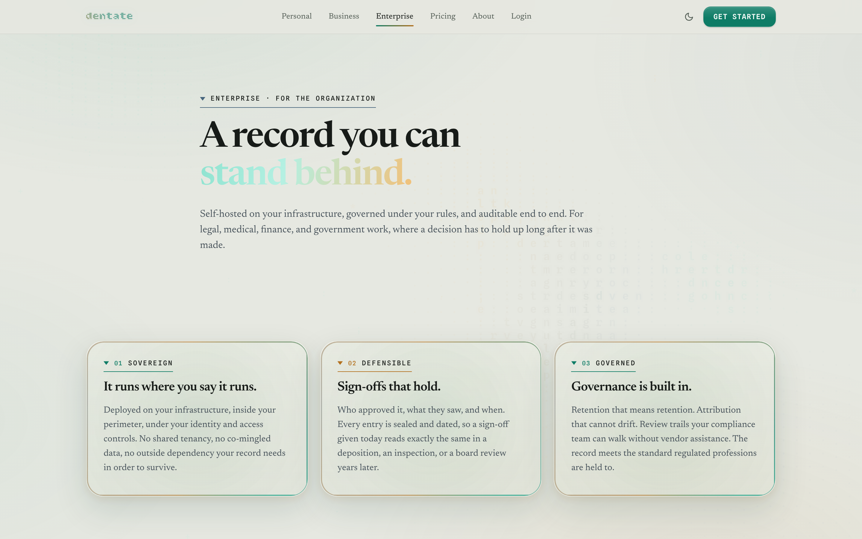 dentate enterprise page, light theme