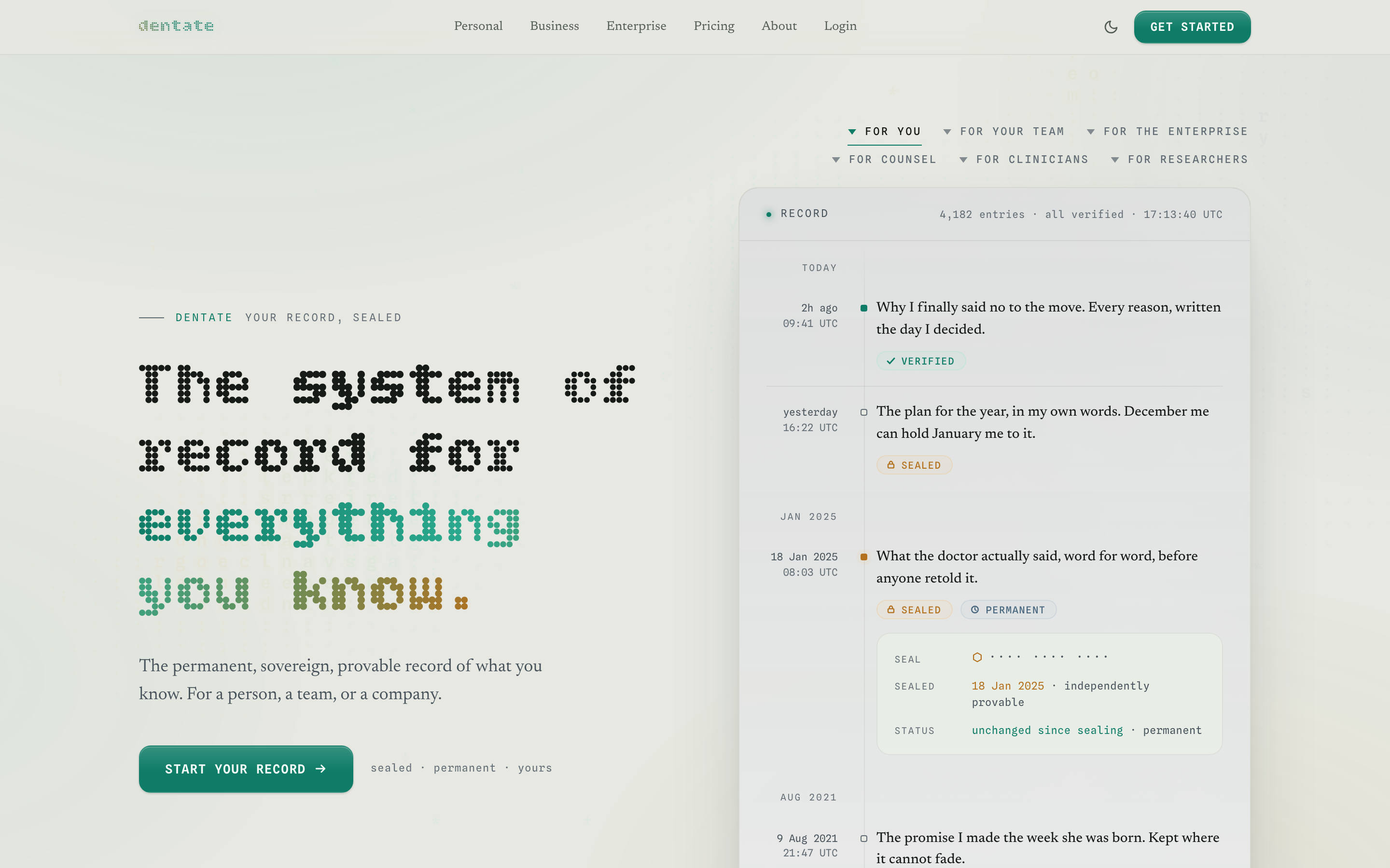 dentate homepage hero, light theme: the system of record for everything you know, beside a live sealed record panel with verified and sealed entries