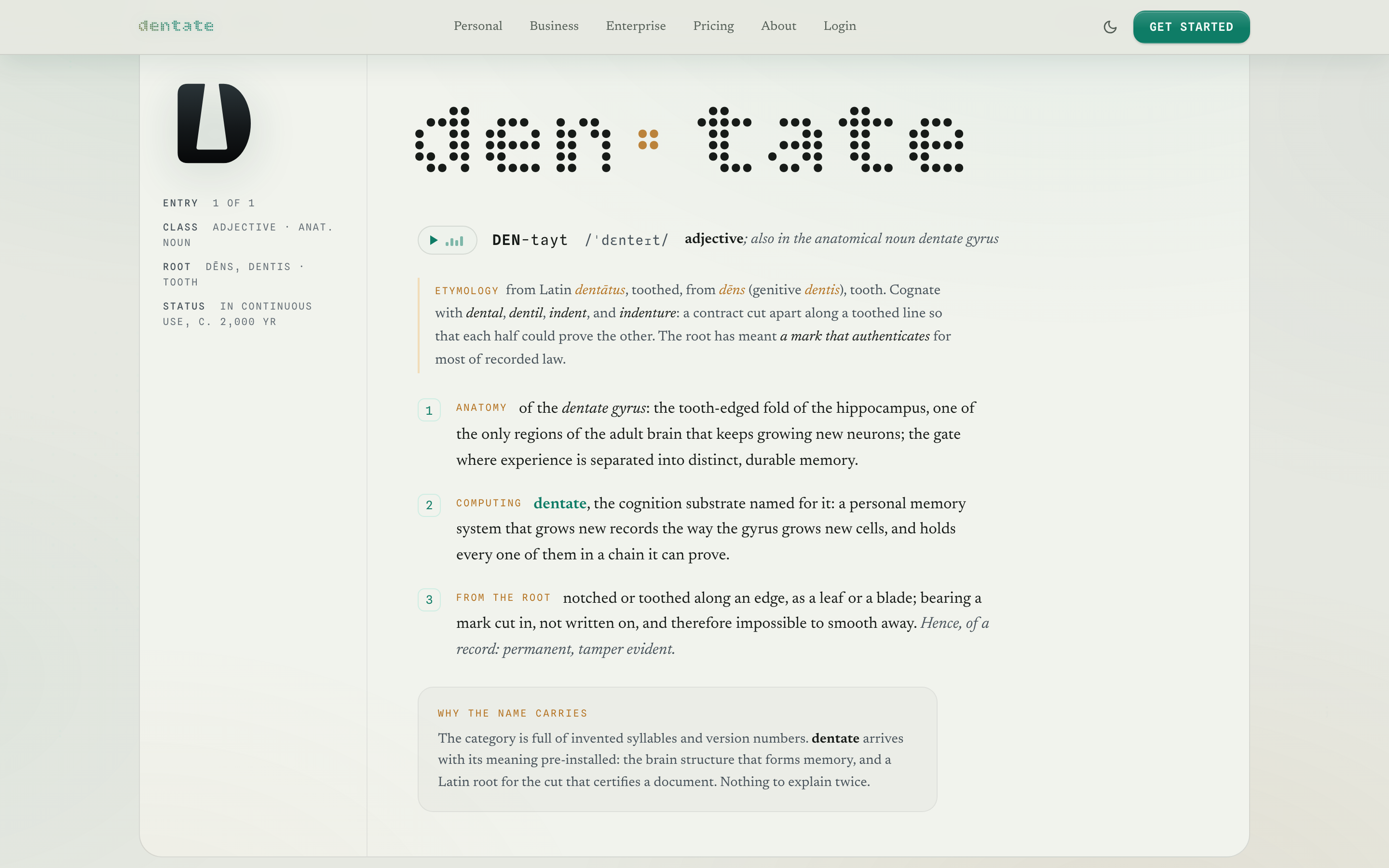dentate dictionary-entry section, light theme: den·tate set as a headword with etymology and three senses